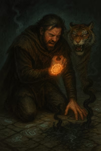 A close-up, cinematic illustration of Hanh the Warlock falling to his knees in pain as the glyph on his wrist glows violently. His tiger companion, Lyra, growls protectively nearby. The background is a cracked stone cavern floor, lit with pulsing magic runes and black mist rising from broken sigils. Emotions of agony, power, and revelation are all present.