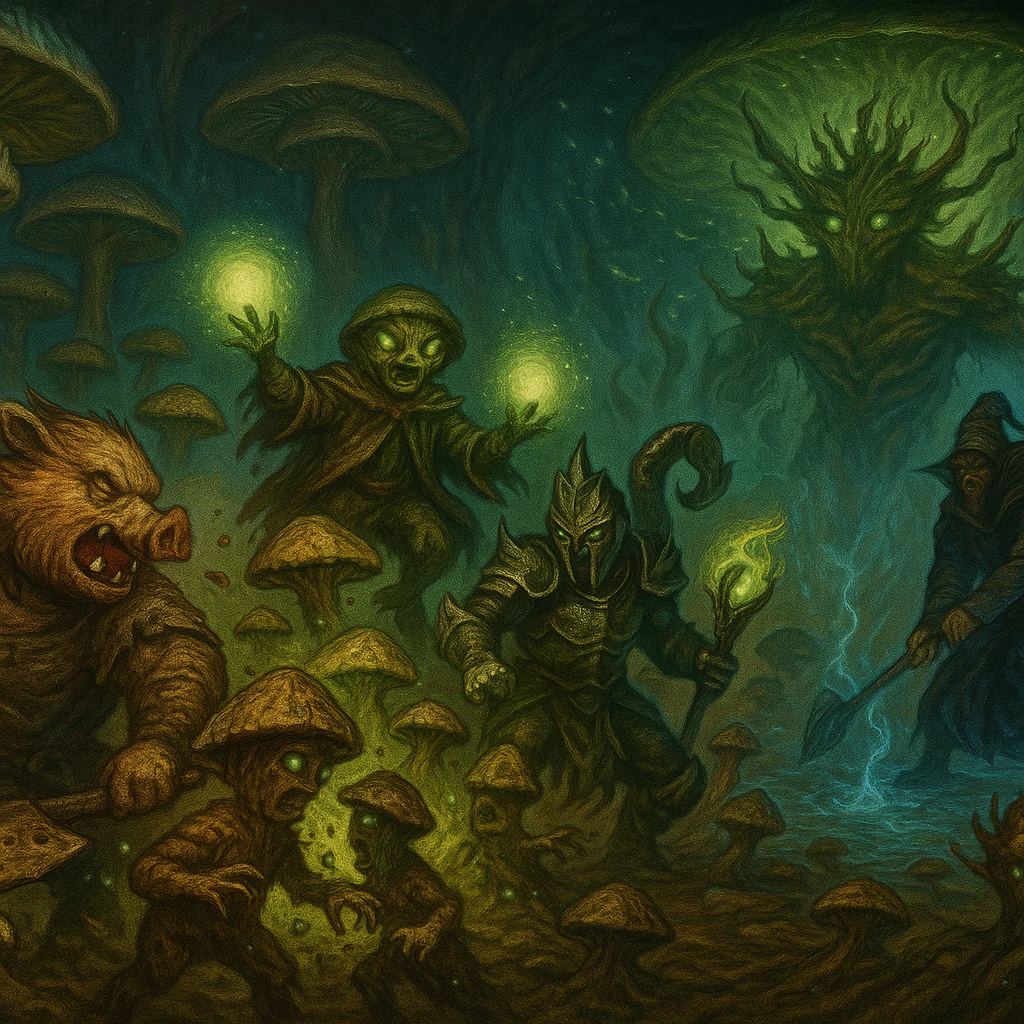 A chaotic battle scene within a vast, fungal cavern. Trashcore Pig Bastard swings his burger-blade at spore creatures, Frog Prince hurls glowing orbs, and Scorpion Warlock fights beside his green-flame mirror twin. In the background, Hanh channels a ritual into the ground, his staff erupting with unnatural magic. Above them, a massive fungal entity begins to rise from the lake.