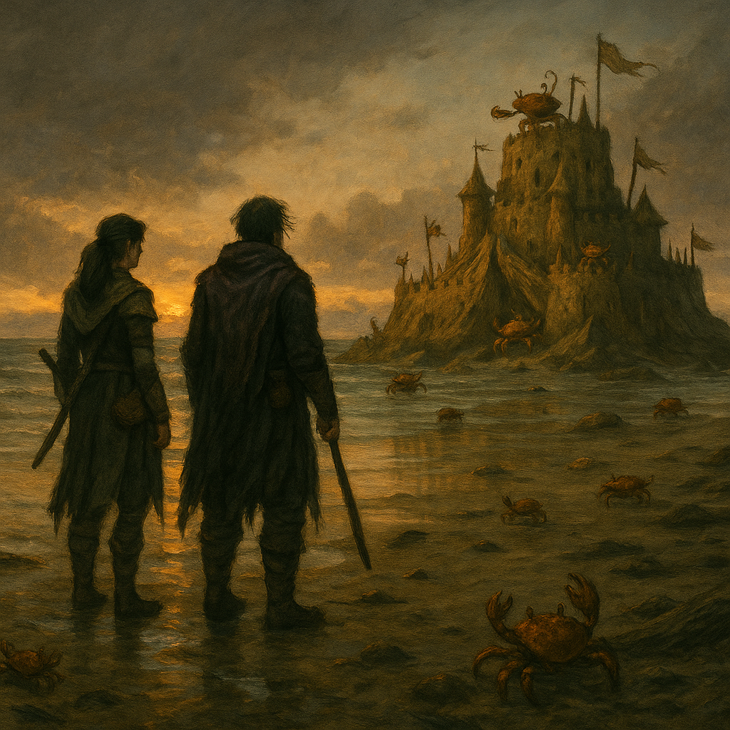 Oil painting of a seaside fantasy village with a massive glowing sandcastle and a crab king on a throne; Hanh and Deth observe from the foreground.
