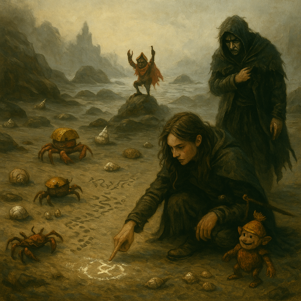 Stylized oil painting of crabs gathered around a massive crab warlord; Deth and Hanh watch while a smaller crab rings a bell.