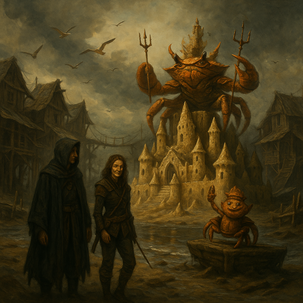 Fantasy painting of Craglor the crab shouting dramatically from atop a sandcastle throne, with Hanh and Deth squinting upward from the beach