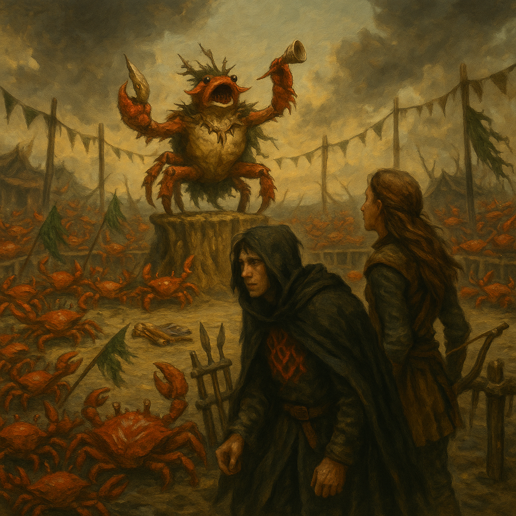 A dark fantasy oil painting of a surreal sand coliseum at low tide, packed with a cheering crowd of crabs waving seaweed banners and clacking their pincers in unison. At the center, Craglor—a towering crab gladiator with a coral crown and ceremonial cape—stands atop a driftwood pedestal, one claw raised and the other holding a conch horn. Opposite him in the pit, Deth (a lean archer in travel gear) and Hanh (a tall warlock in a tattered cloak) prepare for battle, looking skeptical and unamused. The arena glows under a cloudy sky, with strange weapons fashioned from jellyfish and driftwood displayed at the edge. The tone is absurdly epic, blending humor and tension.