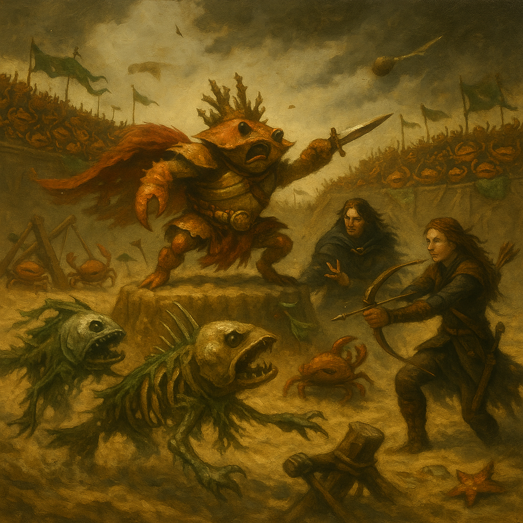 A cinematic oil painting depicts a chaotic fantasy beach battle scene. Craglor, a large anthropomorphic crab warrior, leaps through the air with a knife tied to one claw, his makeshift crabmail armor glinting under the sunlight. Hanh, a tall warlock in a tattered cloak, summons skeletal fish-creatures from the sand, while Deth, a lithe archer-healer, flips through the air firing arrows. A crab-powered trebuchet launches a coconut, and one of Hanh’s undead fish minions hisses at a terrified crab. The battlefield is alive with motion—crabs waving banners, magical sigils glowing, and sand kicked up in all directions—capturing the absurd intensity of a crustacean coliseum clash.