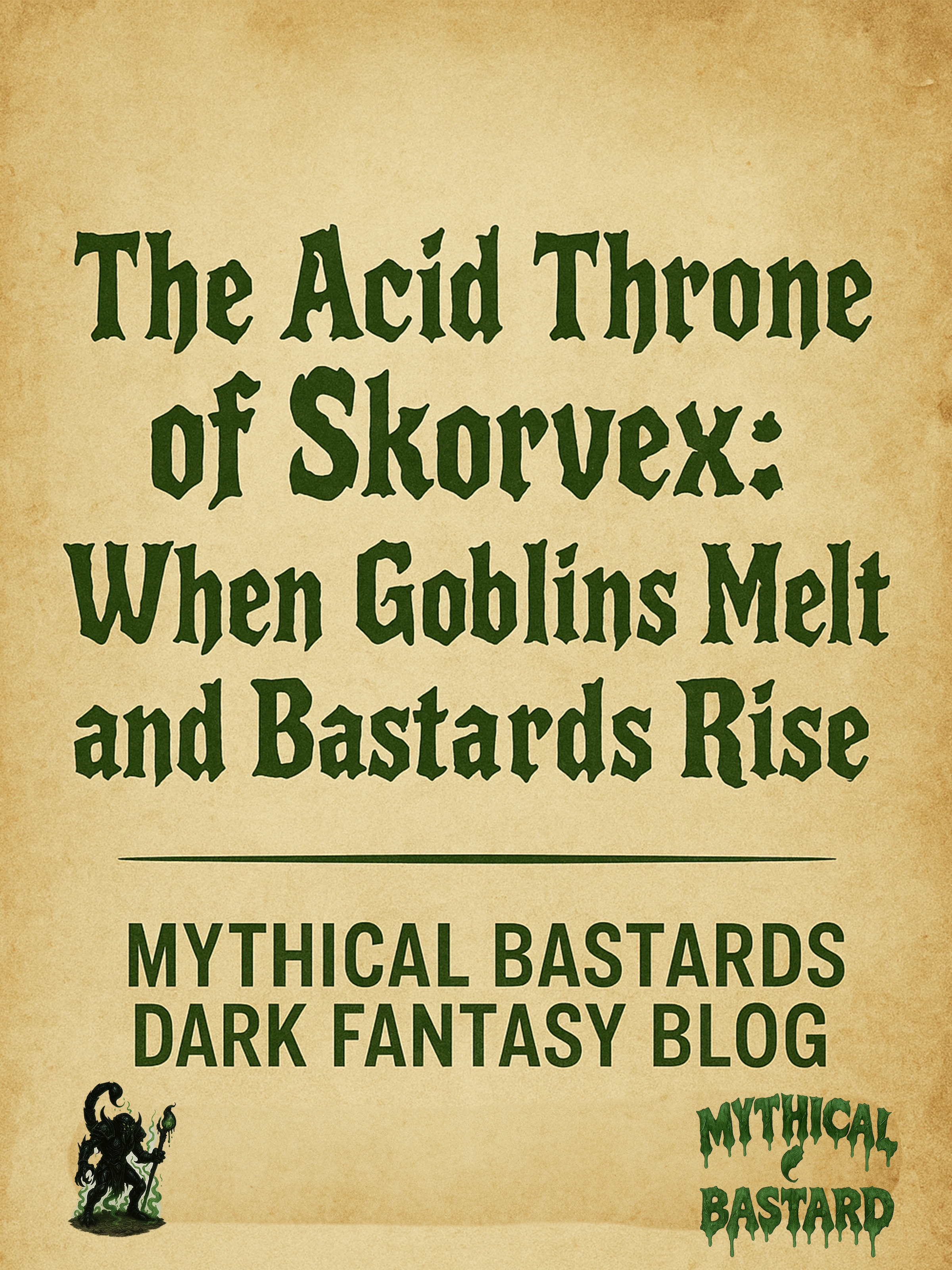 Scorpion warlock Skorvex standing in poison mist, surrounded by dissolving goblin ruins.