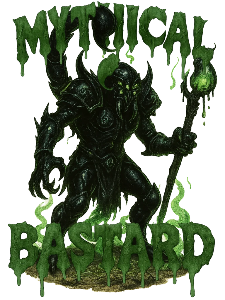 Scorpion warlock Skorvex standing in poison mist, surrounded by dissolving goblin ruins.