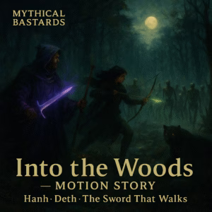 Into the Woods dark-fantasy motion story — Deth strikes under moonlight in a forest battle, cinematic oil-painted style.
